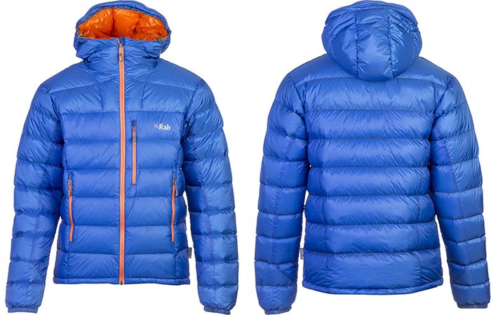 Rab Infinity Endurance Jacket, blue, front and back view, on a white background.