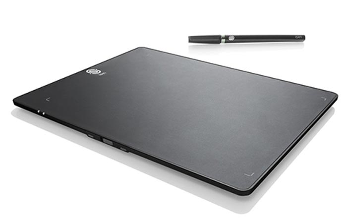 The Slate - Smart Drawing Pad, tilted, on a white background, and a pen above it.
