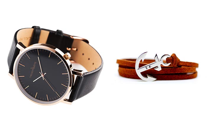 Thread Etiquette Classic – Rose Gold / Black Leather Timepiece and Chestnut Leather Anchor Bracelet tilted and folded on a white background.