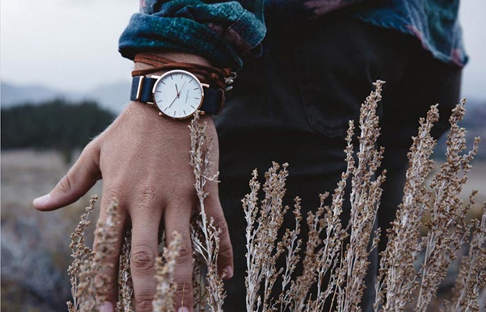 Thread Etiquette Classic Timepiece on the hand of a person in a wheat field.
