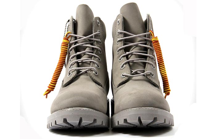Timberland 6 inch Mono Grey Boots, front view, on a white background. 