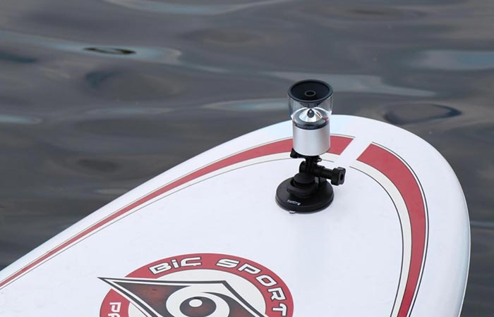 Camera mounted on a surfboard. 