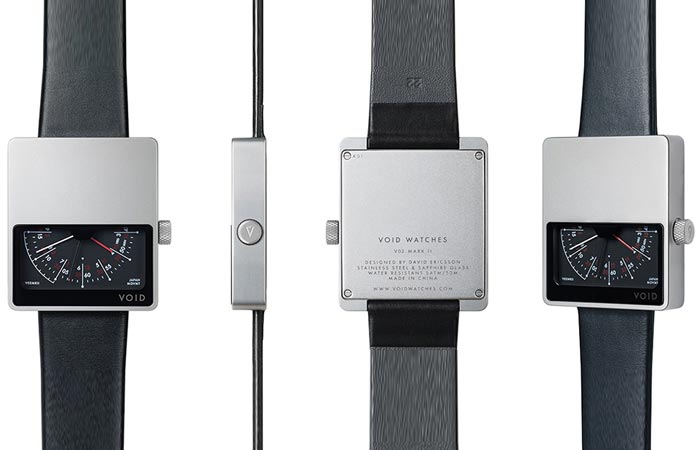 Void VO2 Mark II Watch, silver with black leather strap, front, side, back and tilted view on a white background.