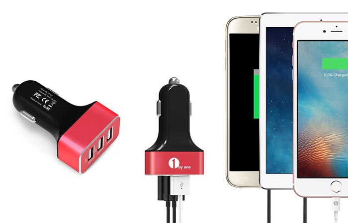 Red 1Byone 7.2A / 36W 3-Port USB Car Charger Charging Three Smartphones