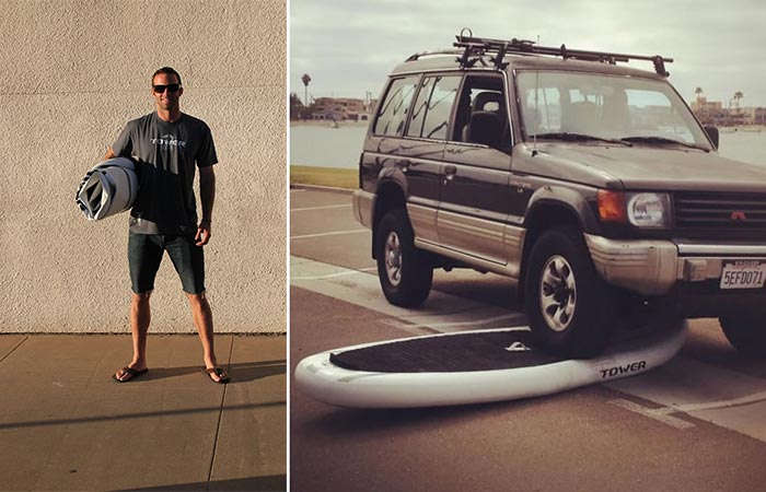 Adventurer Inflatable SUP Rolled Up And Carryed By A Guy And A Car Going Over It
