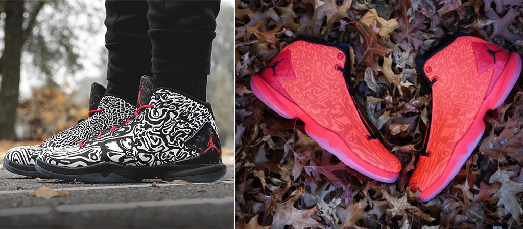 Jordan Super.Fly 4 Jacquard Shoes in black and white on feet as well as red on leaves
