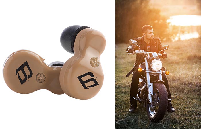H2P tan coloured earbuds and a man using while riding a motorcycle