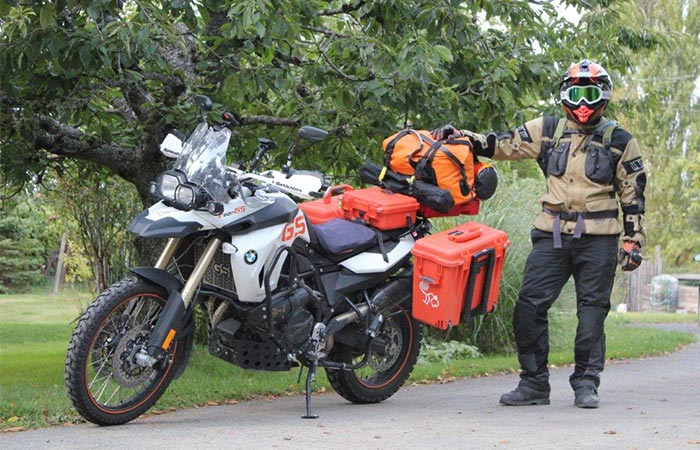 Orange SealLine Wide Mouth Duffle On A Motorcycle