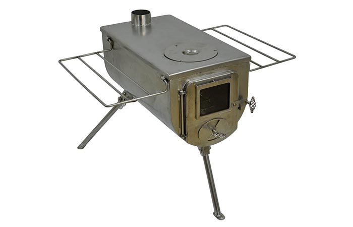 Side view of the Winnerwell Woodlander Deluxe Wood Tent Stove without the Flue