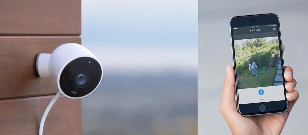 The Nest Cam on a wall and the Nest smartphone app