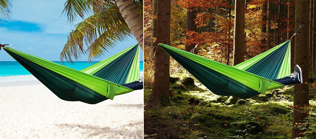 The Rusee Double Hammock being used in two different locations
