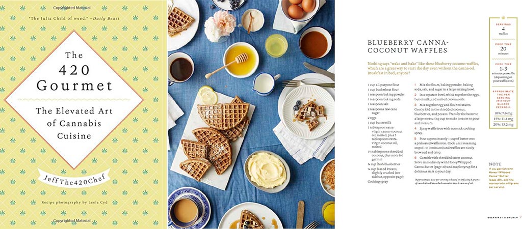 Front cover of the 420 Gourmet book and a recipe for cannabis waffles