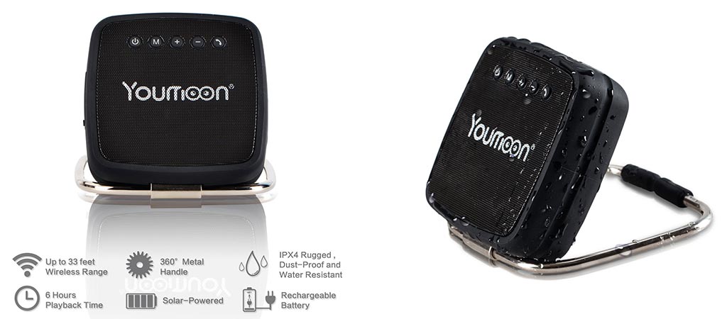Two different views of the Youmoon portable speaker and its features