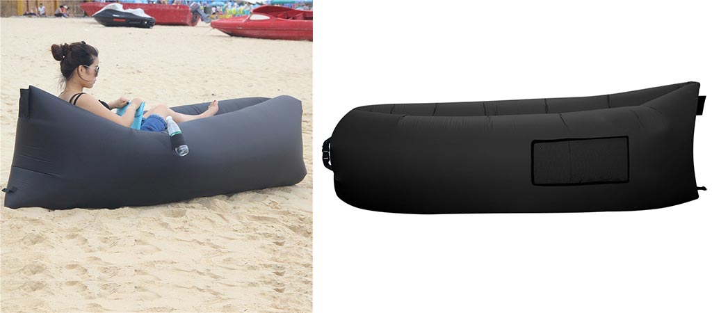 Girl using the BonClare inflatable lounger and a picture of it by itself.