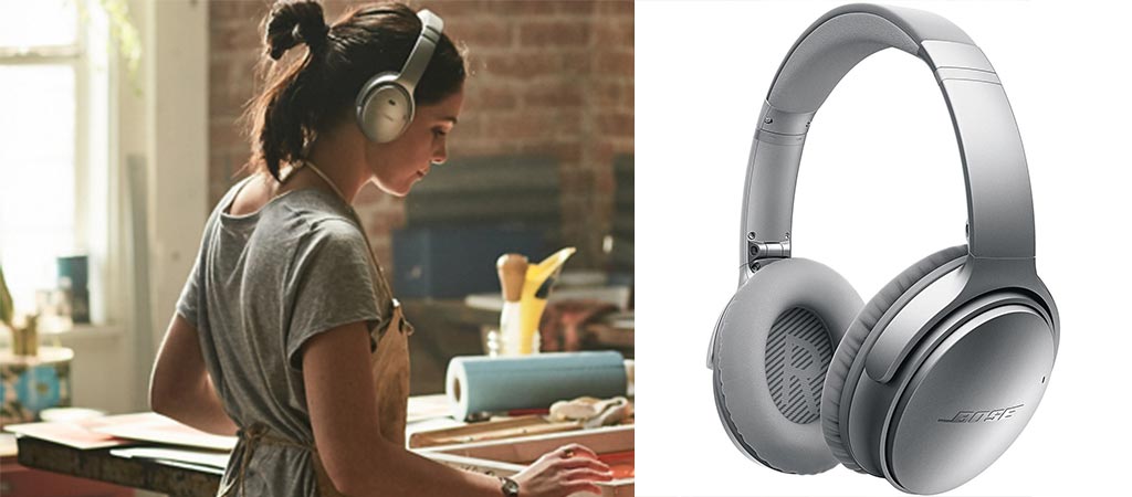 Woman using the Bose Quiet Comfort 35 Headphones and a shot of it by itself.