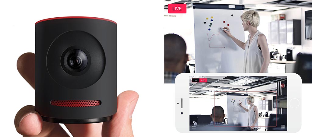 Mevo being held in someone's hand and a live stream view with an iPhone