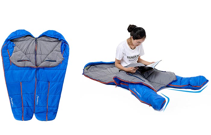 NatureHike Sleeping bag spliced together and a woman using it with the legs zipped apart