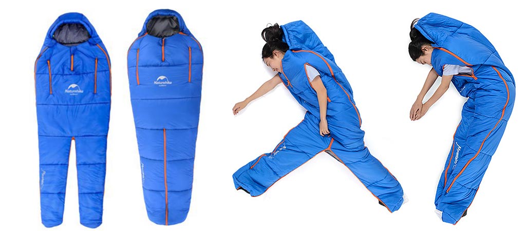 NatureHike Sleeping Bag by itself and a woman using it