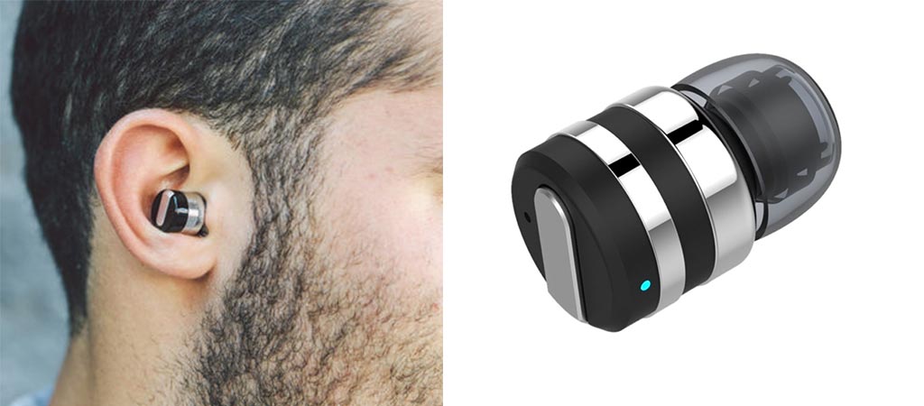 Schatzii Bullet 2.0 in a man's ear and the earbud by itself