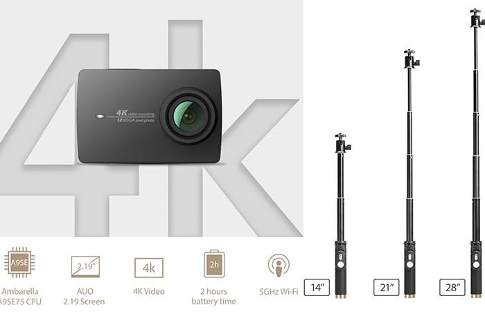 YI 4K Action Cam with features and selfie stick adjustment sizes