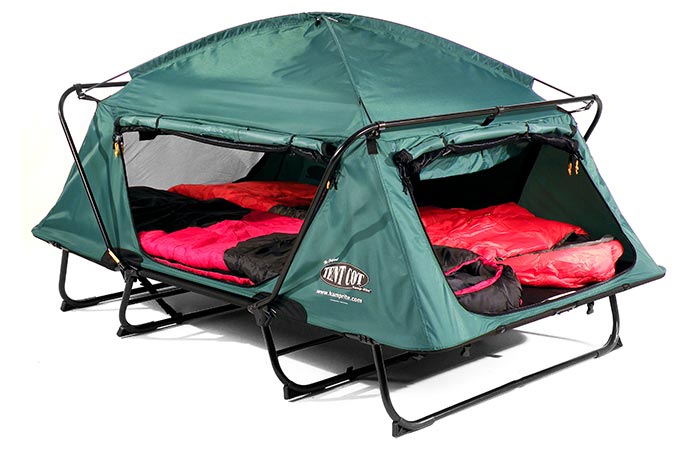 KampRite Double TentCot with sleeping bags and covers rolled up