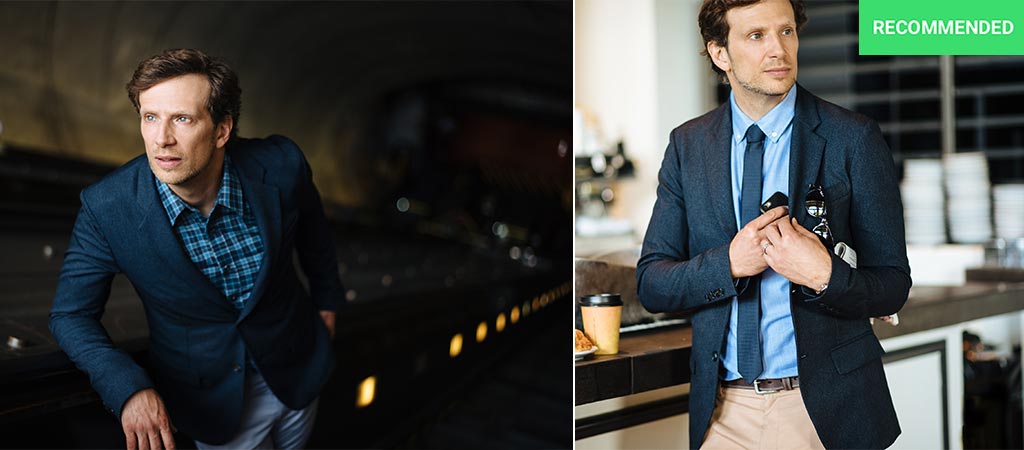 Two different pictures of Stefan Loble wearing The Blazer by Bluffworks