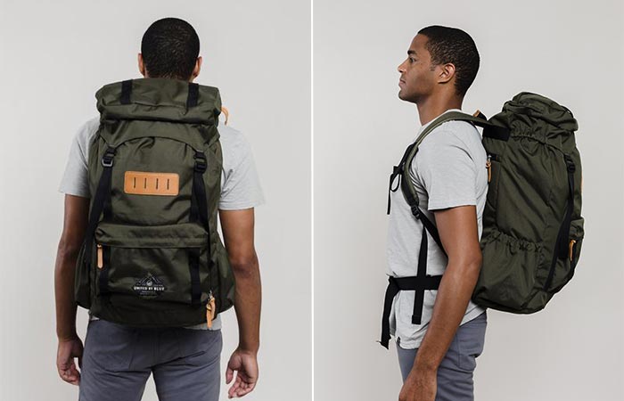 Two Images Of A Guy Wearing United By Blue 45L Range Daypack