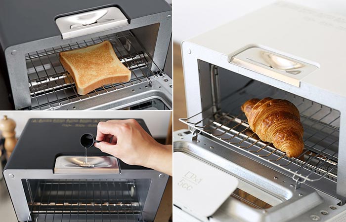 Three images of Balmuda Toaster being used