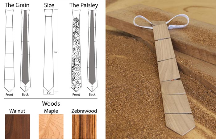 The two different designs that Cam’s Wooden Ties features and the three different types of wood. There is also a picture of The Grain version.