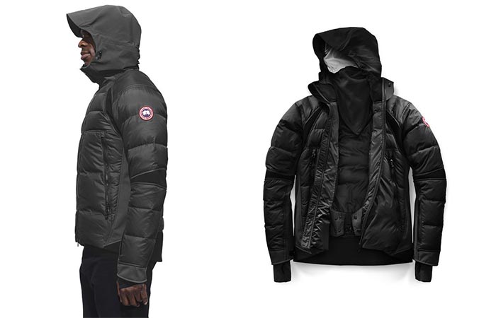 Side view of a man wearing the Canada Goose Hybridge Sutton Parka with the hood up and a picture of it by itself