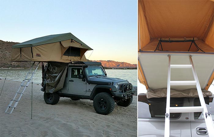 Picture of a Jeep with the Tuff Stuff Overland set up and a picture of the ladder