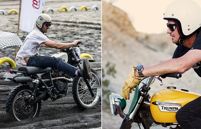 Two different views of men wearing the Road Glacier while on their motorcycles.