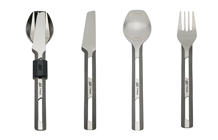 Esbit Titanium Cutlery set bound together and displayed individually.
