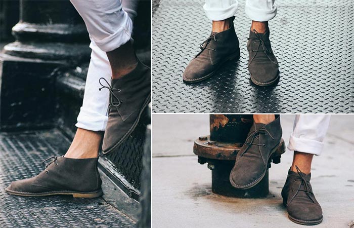 three images of charcoal chukka boots