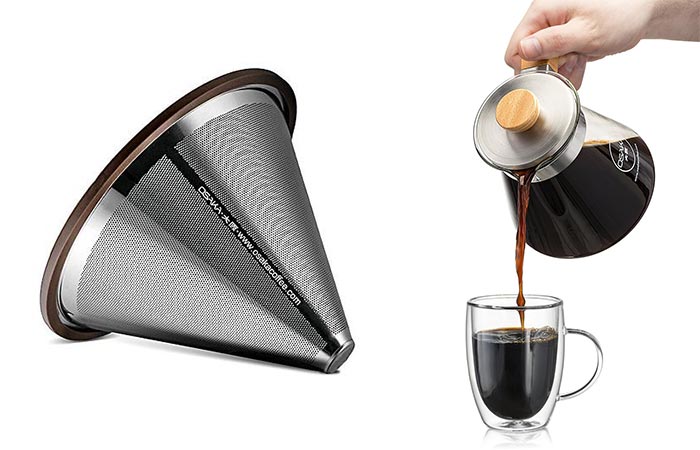 stainless steel coffee filter and pouring coffee into a glass