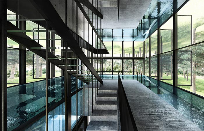 the middle floor with a swimming pool