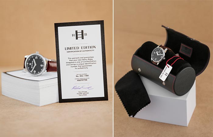 Henry Blake watch with its limited edition certificate and a watch in its roll case.