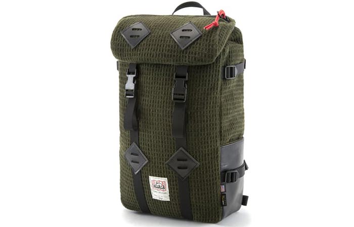 Front side view of the Topo Designs X Woolrich Olive Waffle