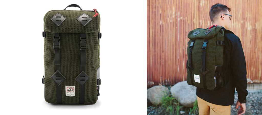 Two different views of the Topo Designs X Woolrich Olive Waffle