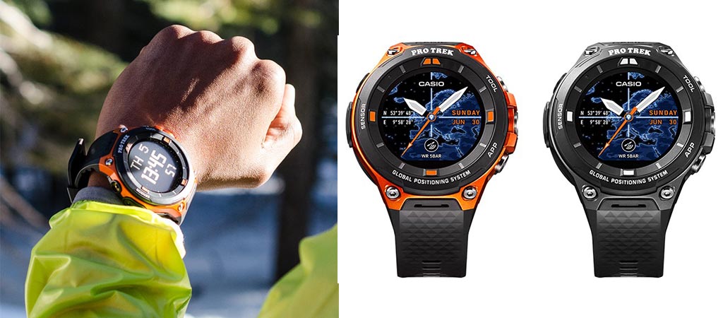 Man wearing the Casio Pro Trek WSD-F20 and a picture of the two different colors