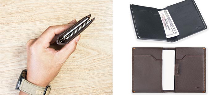 Two different views of the Ikepod Super Slim Men’s Leather Wallet in black and brown