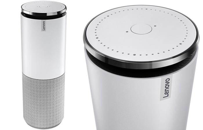 Two different views of the Lenovo Smart Assistant in white