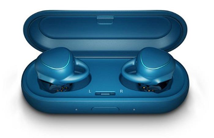 Blue Samsung Gear IconX Fitness Earbuds with charging case