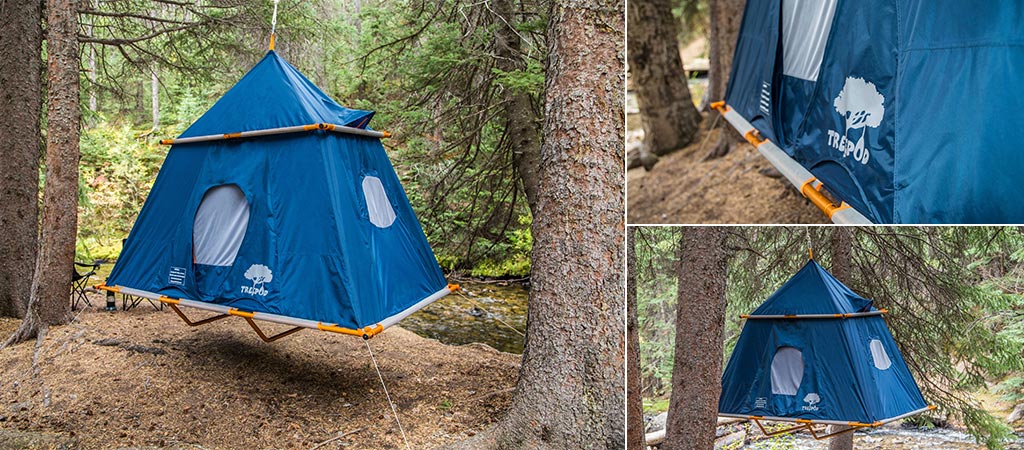 Three different views of the TreePod Suspended Camper Tent