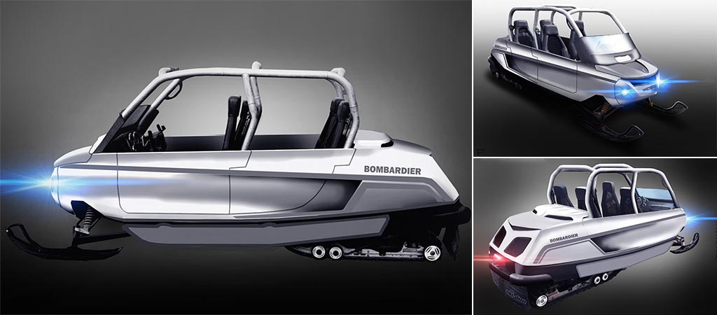 Three different views of the Whitefox Snowmobile
