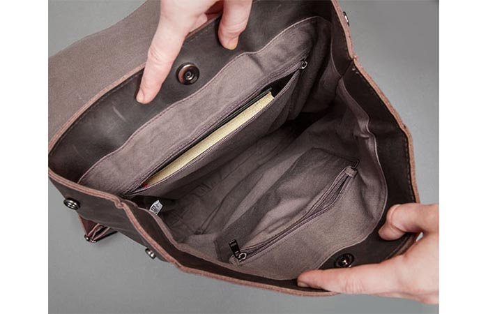 inside the main compartment of a leather backpack