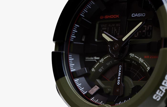 Close up view of the Chari & Co G-Shock Limited Edition GA500K-3A Face