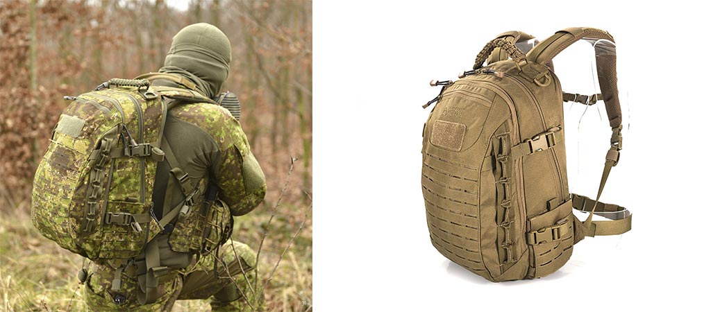 Man using the Direct Action Dragon Egg Tactical Backpack in the field and a picture of it in desert sand color