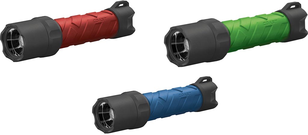 Three different colors of the Coast Polysteel Rechargeable Waterproof Flashlight