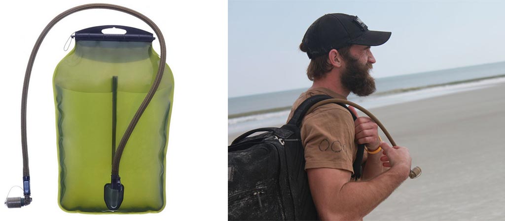 View of the GoRuck 3L Low Profile Hydration Bladder by itself, and of a man with it in his backpack